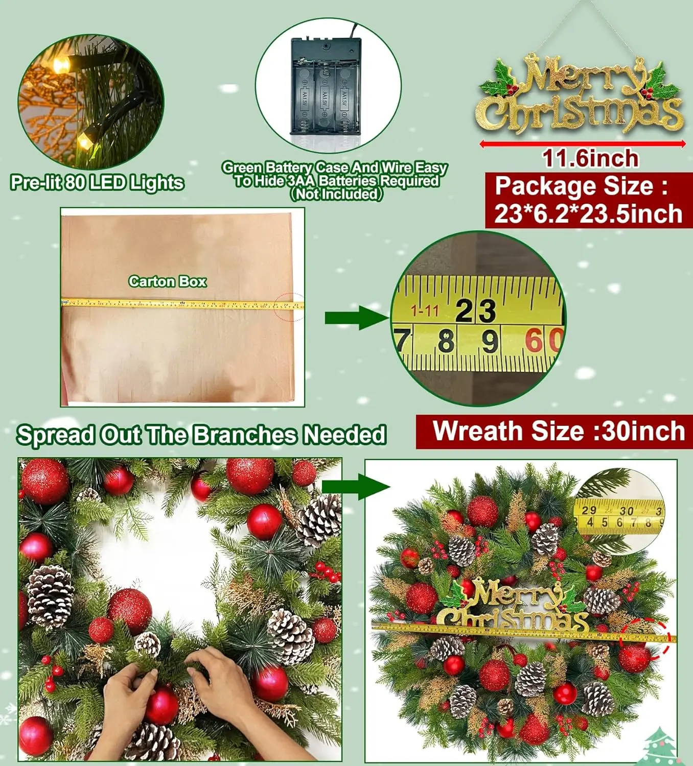 Christmas wreath with  light balls and pine cones are suitable for all occasions and bring a merry Christmas atmosphere