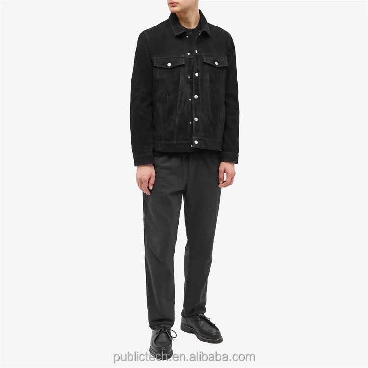 OEM Factory Single Breasted Custom Logo High Quality  Multi Pockets Black Luxury Men Suede Jacket For Men