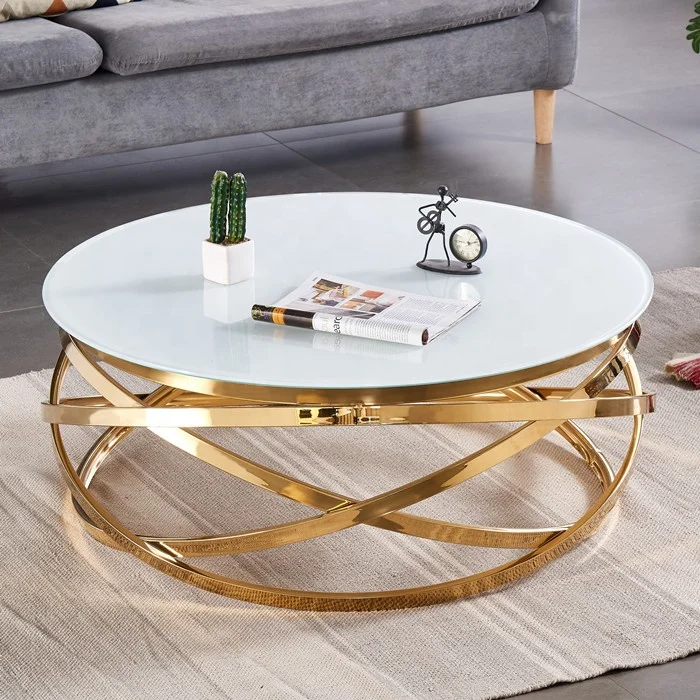 Hot Sale High Fashion Design Modern Furniture Living Room Table Metal Base Super White Tempered Glass Round Gold Coffee Tables