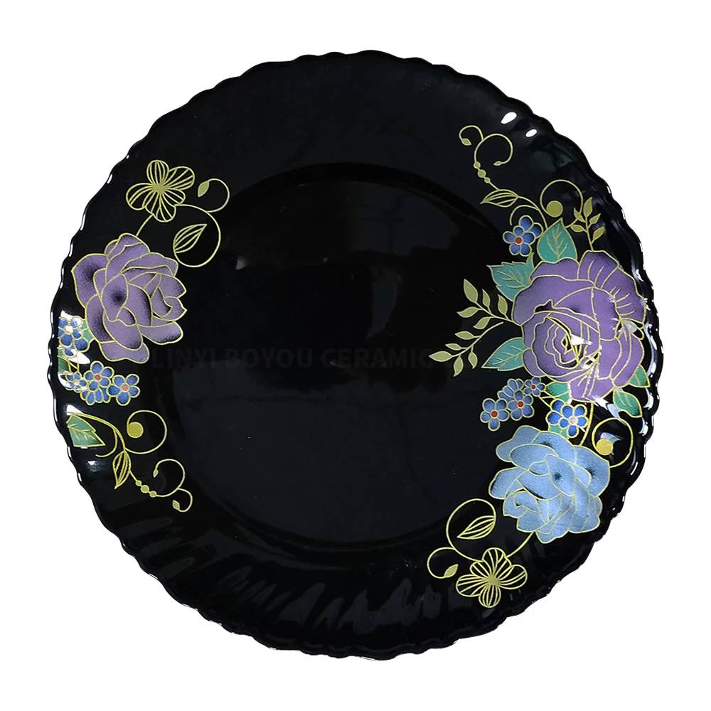 Opal Glassware Black Round Plate With Decals Tableware Dishes Wholesale Dinner Set Ceramic Soup