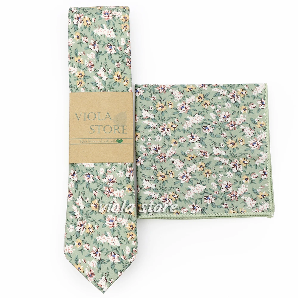 New Floral 100% Cotton 6.5cm Tie Set Bowtie Pocket Square Sage Green Men Hot Wedding Party Suit Quality Cravat Gift Accessory