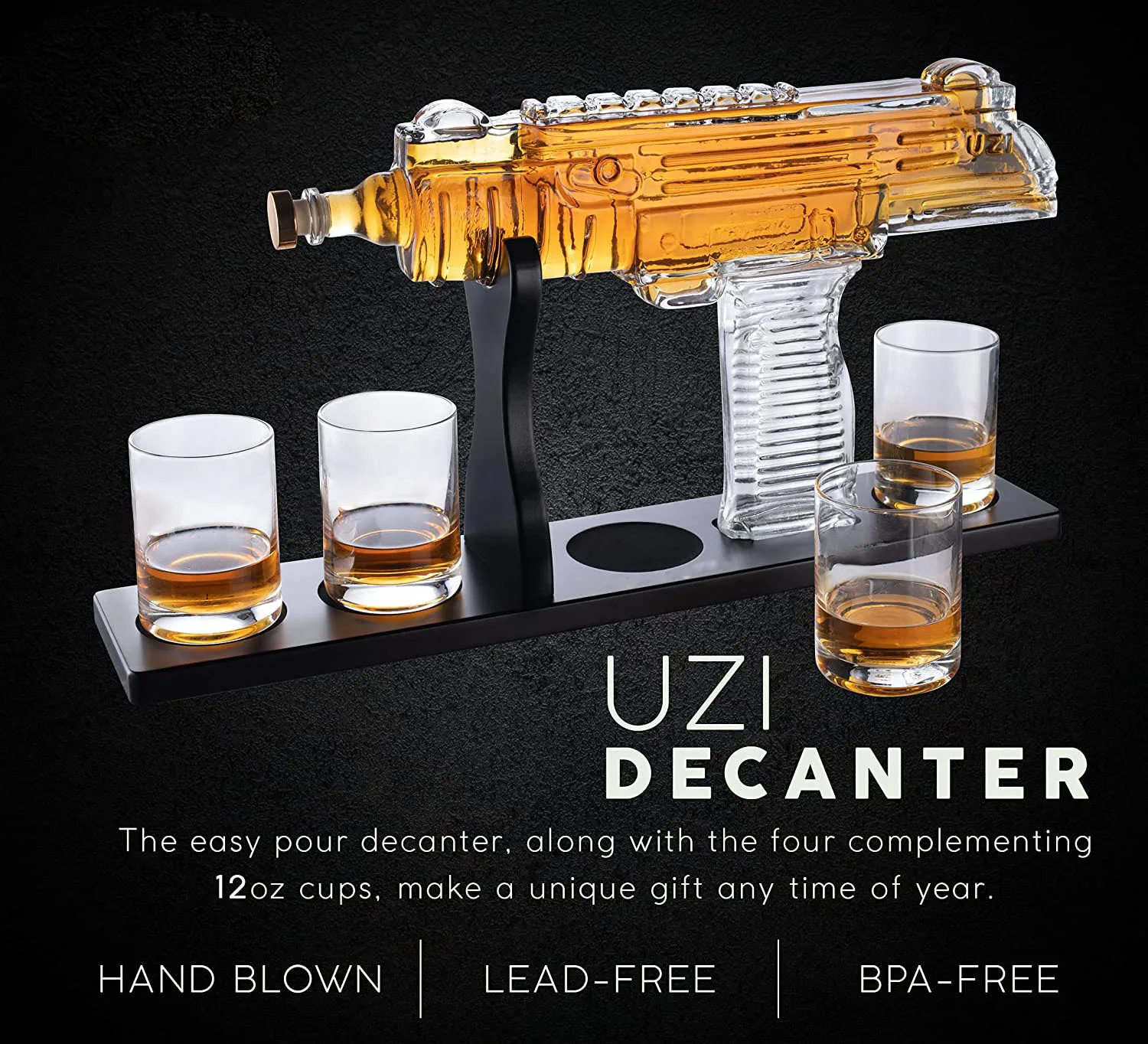 Top Seller Christmas Gifts Hot Sale New Arrival Ideas Glass UZI Gun Whiskey Decanter and 4 Liquor Glasses