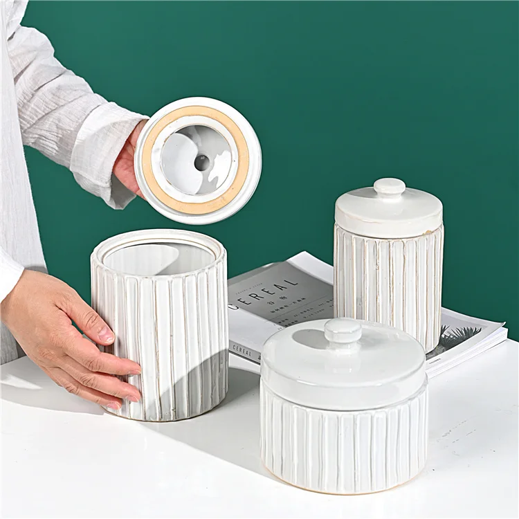 Antique Effect Ceramic Embossed Line Kitchen Coffee Canister With Lid