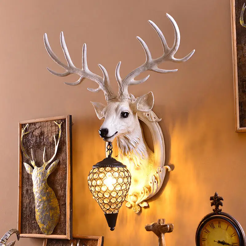 Antlers Deer Head American Country Retro Style Environmental Resin Indoor Led Wall Lamps