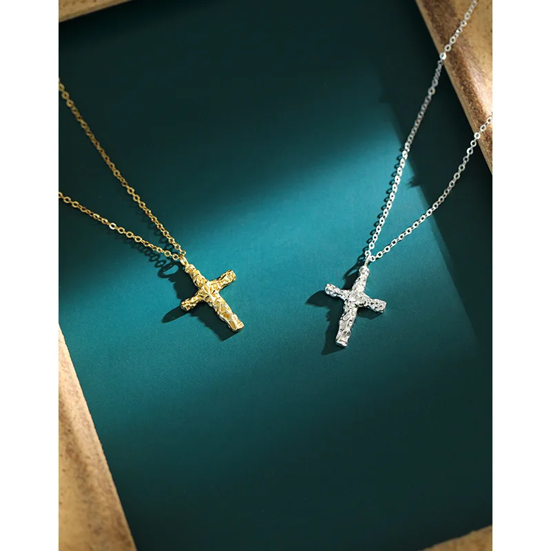 S925 Silver Jewellery 18K Gold Plated Cross Necklace 925 Sterling Silver Textured Cross Pendant Necklace