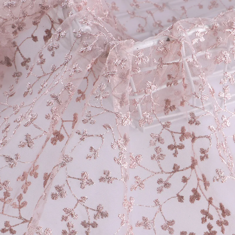 Spot Full Embroidery Net Yarn Full Star Embroidery Lotus Pink Silver Thread Skirt Embroidery Dress Fabric Wholesale