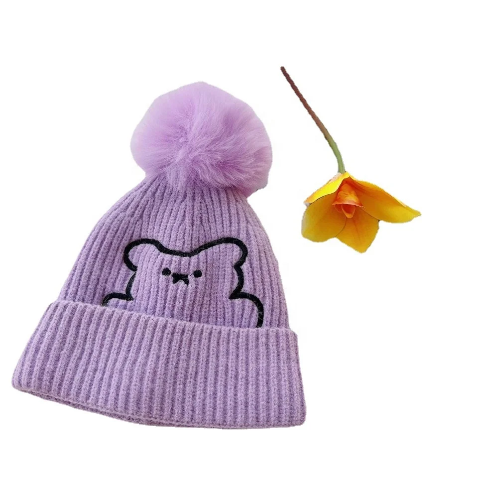 OEM wholesale 2023 cute newborn baby warm winter hats fishermen kids knitted embroidery bobble with pompom Japanese bear beanies