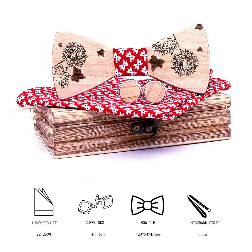Male and female dandelion carved solid wooden bow tie set explosion celebration gift