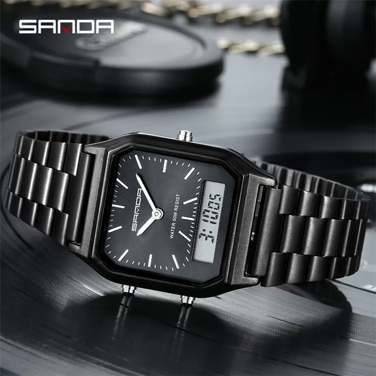 Sanda 747  Business Men Watches Waterproof Casual Watch Stainless Steel Digital Wristwatch Clock Relogio Masculino