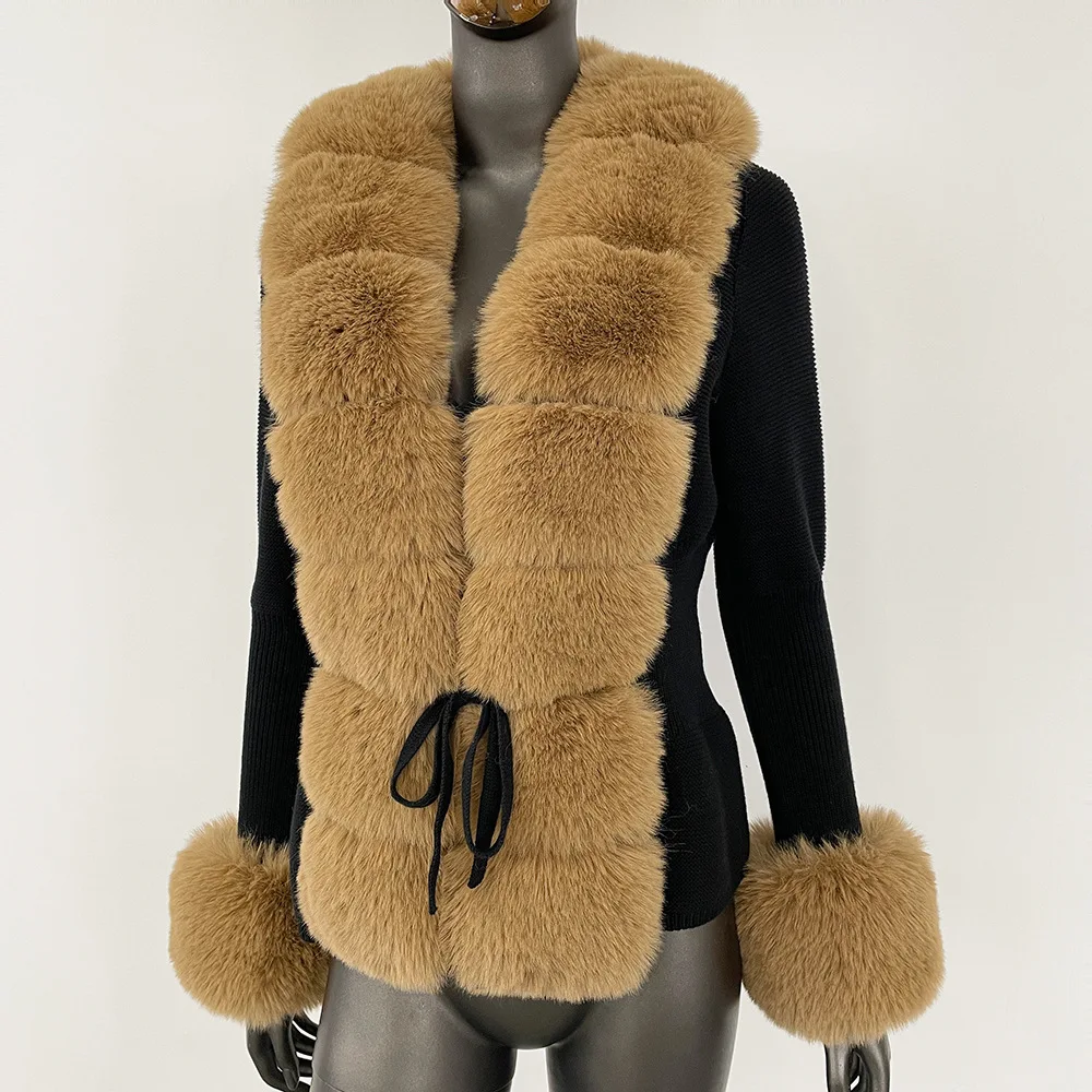 Autumn faux fox fur trimmed coat faux fur knitted cardigan for women classic women fake fur jacket sweater