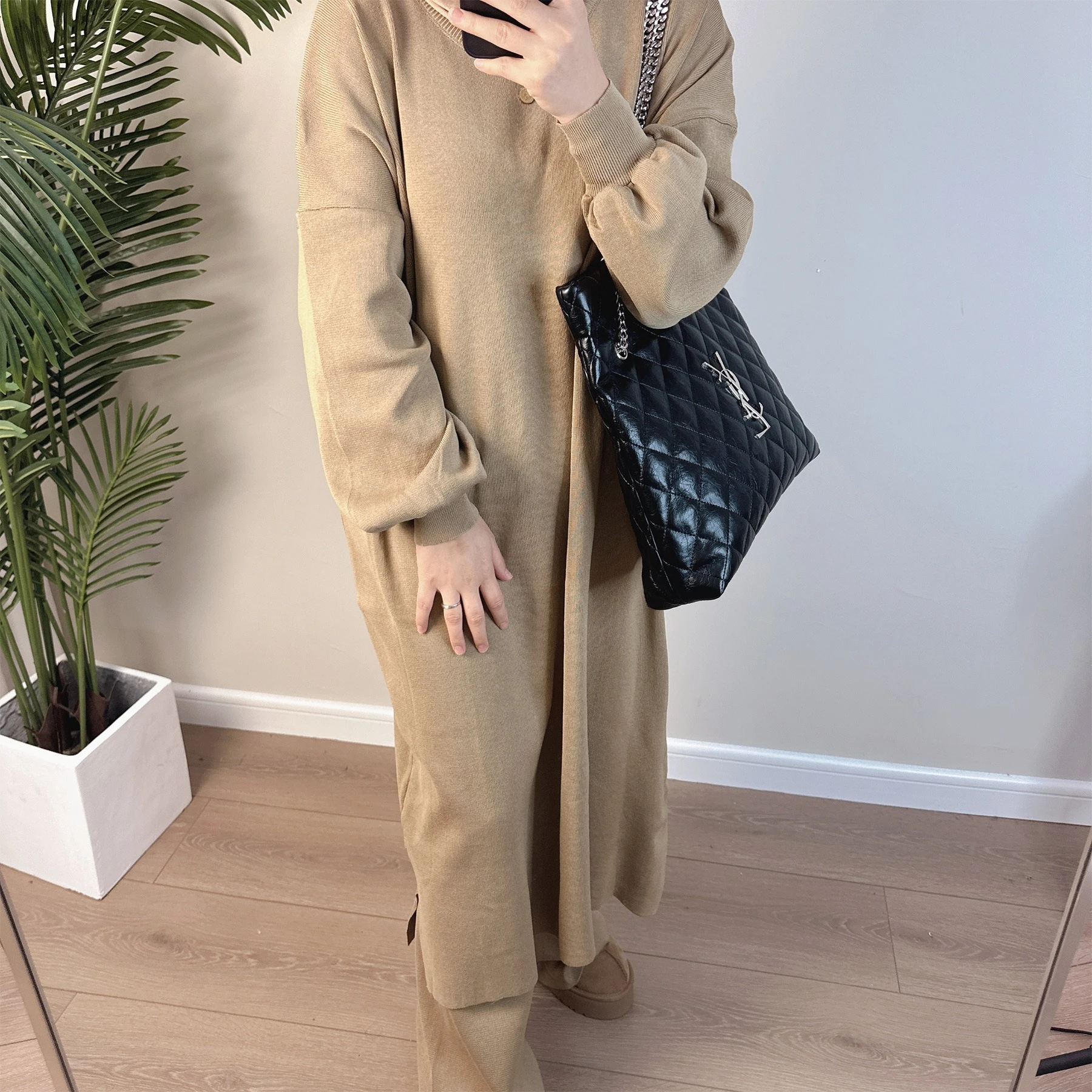 2024Islamic 2 Piece Winter Abaya Knitted Robe Pant Abaya Set Muslim Women Traditional Modest Fashion Office Clothing Sweater
