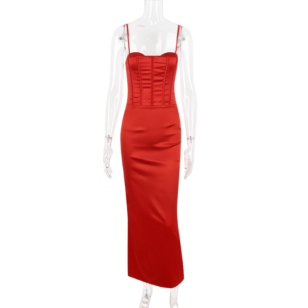 Элегантные атласные платья на бретелях-спагетти для ночного клуба сексуальные с разрезом подкладкой скрытые молнии красные Макси Корсеты вечерние платья