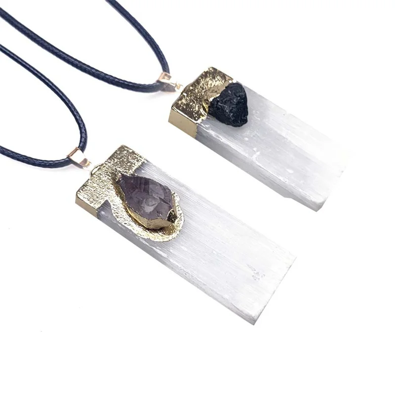 natural car pendant hanging moroccan selenite stick amethyst black tourmaline selenite charing plate wand stick pendant necklace