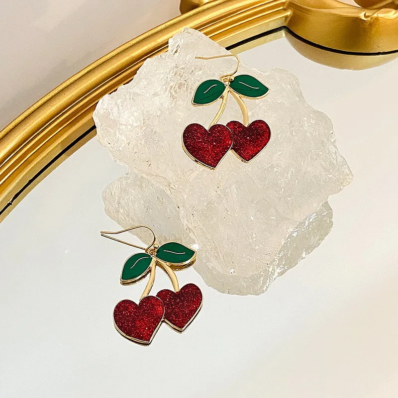 Rinhoo Korean Sweet Red Cherry Earrings Girl Women Summer Cute Alloy Fruit Enamel Fresh Pendant Ear Jewelry Cute Party Earring
