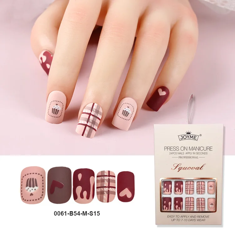 NEWAIR 24pcs/box matte design short square nail tip milk heart ice cream pattern press on nail false nail supplies