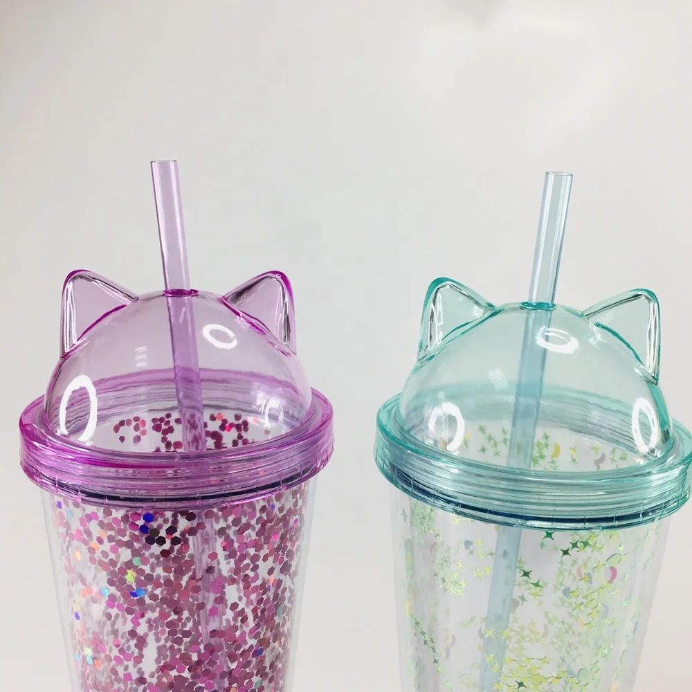 High Quality Hard Large Led Light Disposable Double Wall Plastic Cup With Lid and Straw