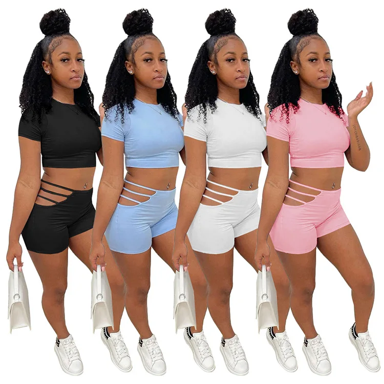
Fashionable designer leisure sport sexy solid color two-piece set sexy solid color outfits short women two pieces sets 