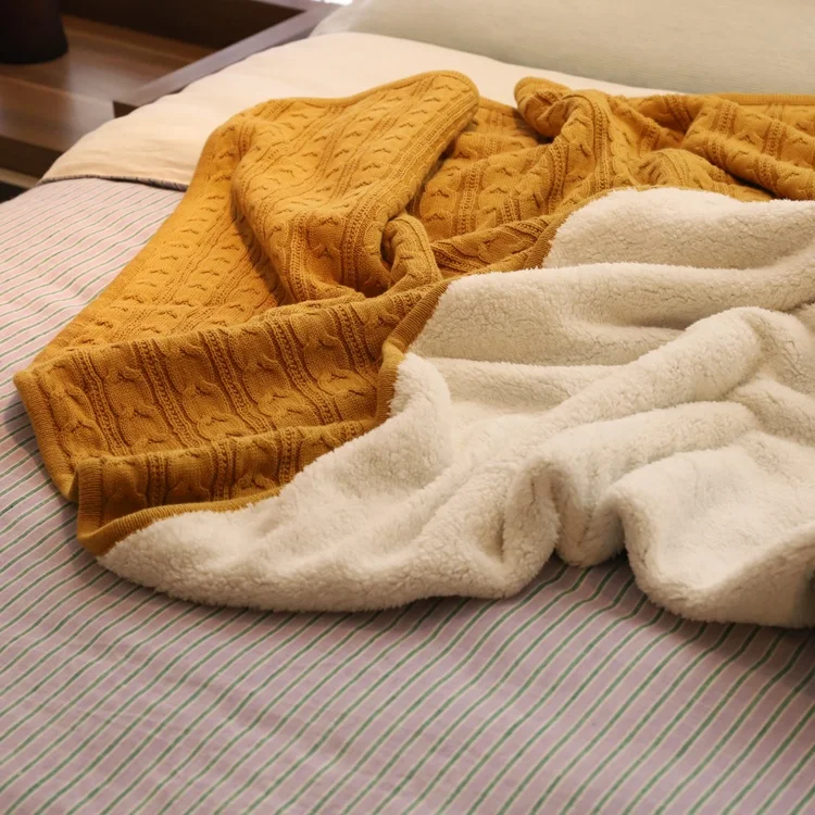 
Custom khaki Pure original cotton cable knit pattern warming double layer blanket for winter autumn 