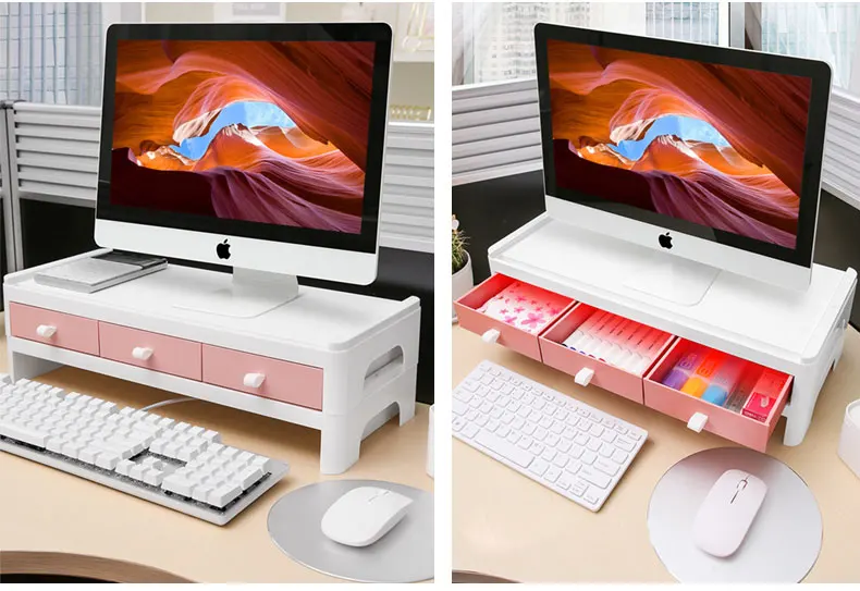 Office Monitor Heightened Stand with 3 Drawer Desktop Computer Base Bracket Relax Neck Plastic Counter Laptop Stand