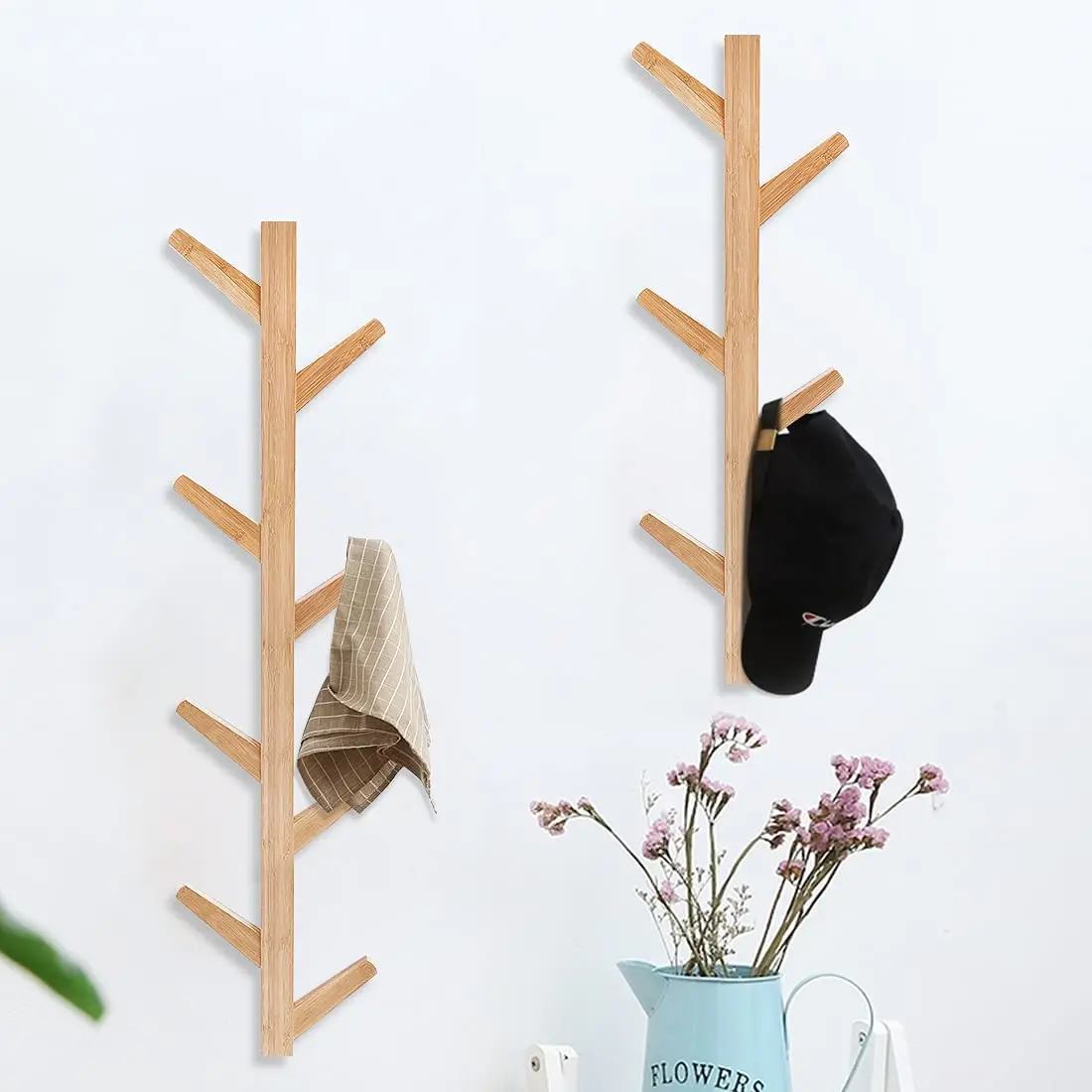 Base Clothes Hanger Hat Coat Rack Tree Branch Design Bamboo Wall Mounted Wood Modern Natural 6 Hook Home Decoration Love Europe