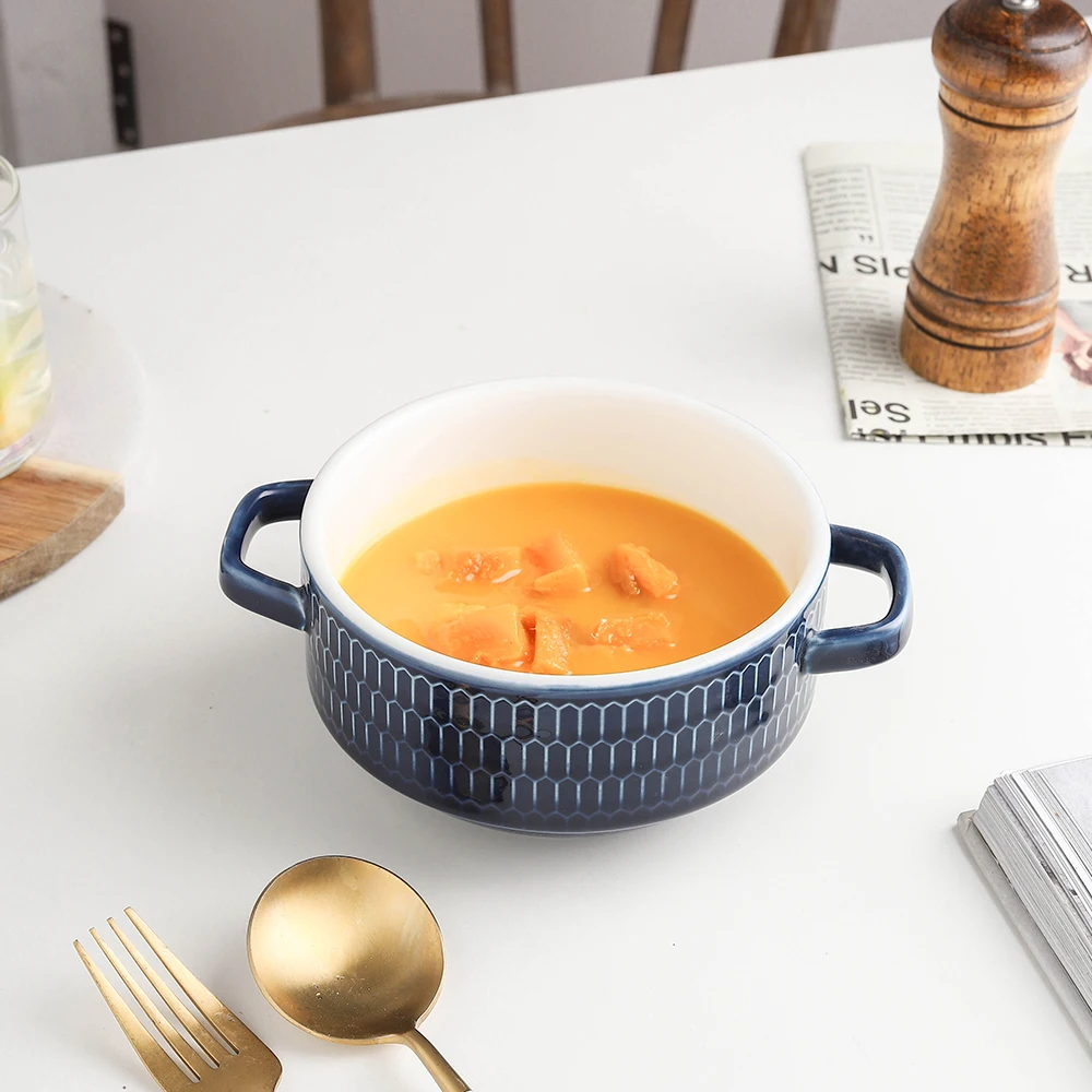 Factory Price Custom Color Ceramic Soup Bowls Set With Two Handles 32oz Cereal Bowls Set