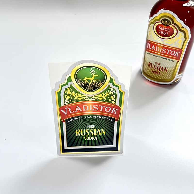 Custom Vinyl Water Resistant Gold Aluminum Foil Silver Beer Label Printed Reflective Vodka Glass Bottle Label Sticker Design