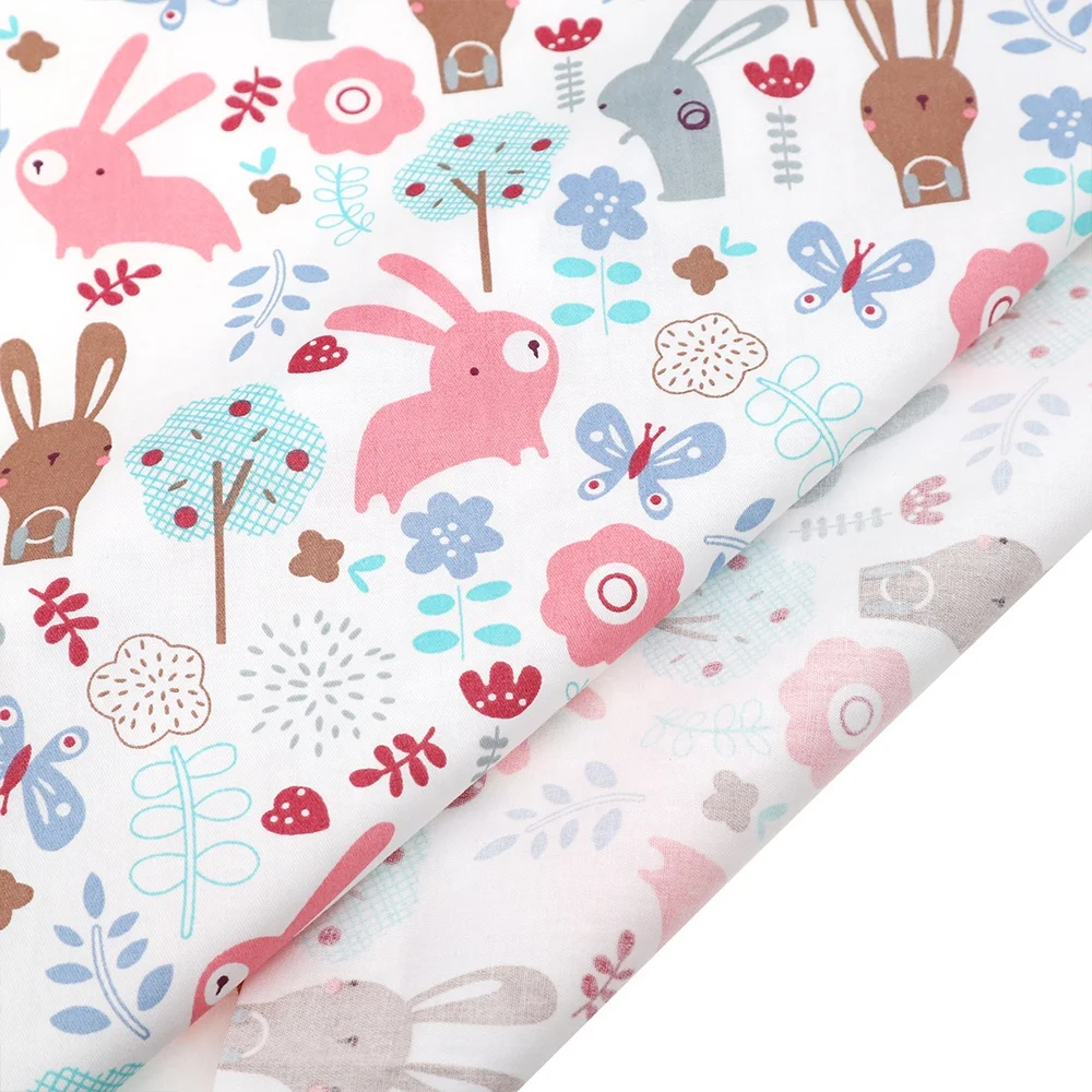 Animal Cartoon Series Printed Bunny Rabbit Rose Tulip Floral Twill Quilting Cotton Fabric For DIY Sewing Quilting