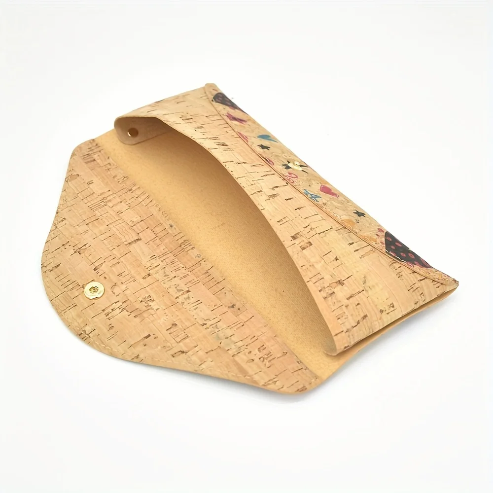 Retro Pattern Long Flap Cork Purse Multifunctional Cork Pencil Case With Button Textured Cork Wallet