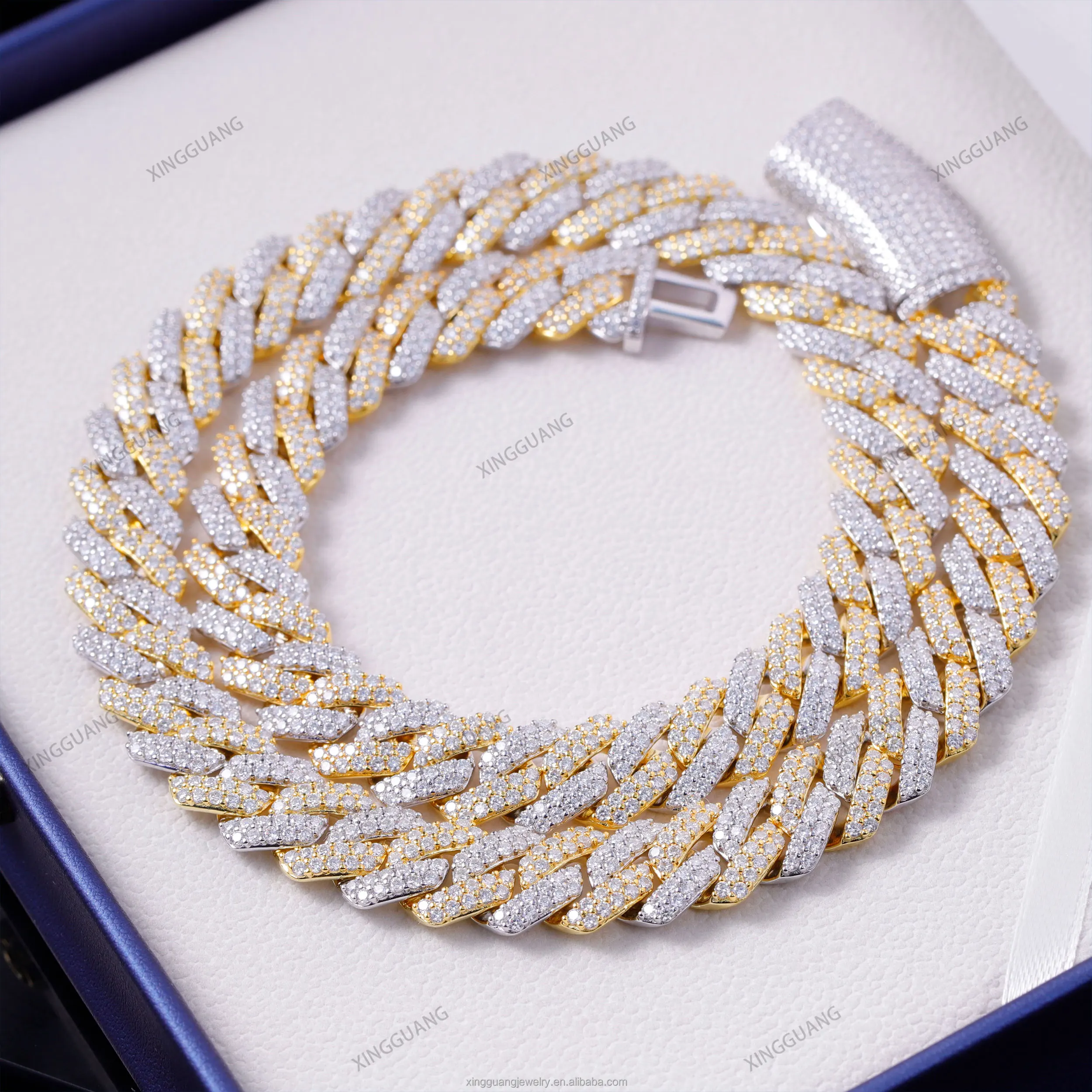 Pass the Diamond Tester 8mm-15mm Wide Cuban Link Gold Plated S925 Silver VVS Moissanite Cuban Chain with GRA Certificate