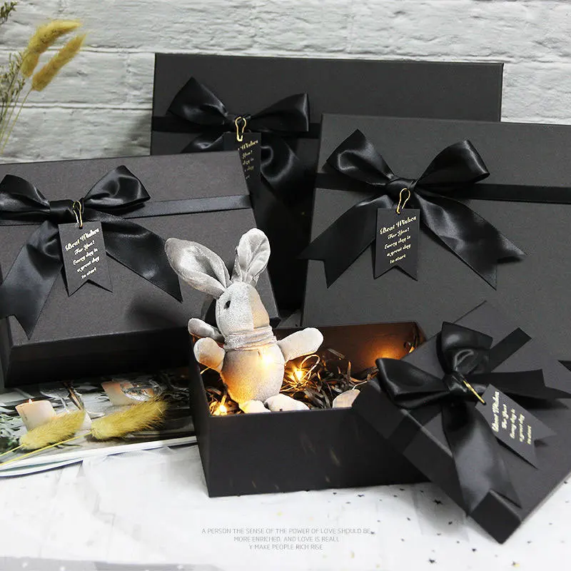 Wholesale Black Cardboard Paper Gift Packaging Box With Bow Ribbon Raffia Card Custom Packaging Paper Bag Paper Boxes For Gifts