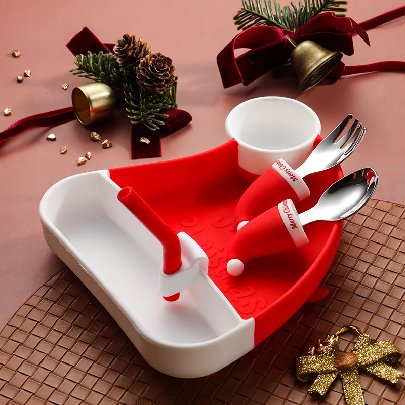 2023 Christmas new design food grade silicone kid non slip kid plate set