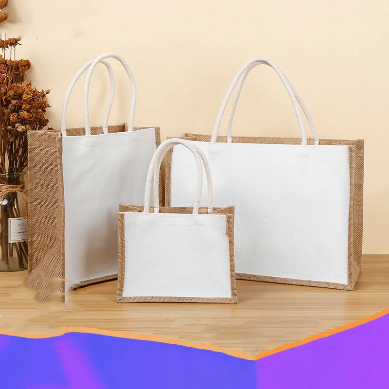 Custom Logo Big Capacity Jute Shopping Bag Linen Handbag Flax Clothes Hand Bag Advertising Packaging Tote Bags For Women