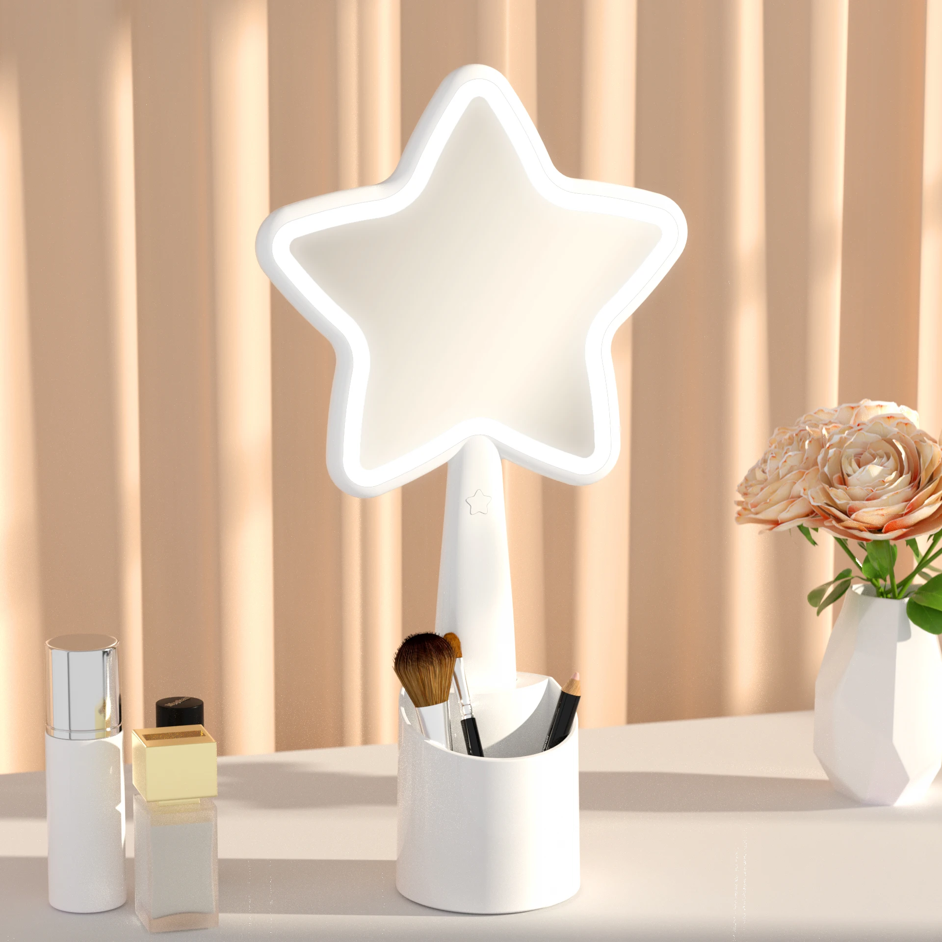 Creative Double-Sided 5X Magnify Glass Handheld Makeup Mirror Pentagram LED USB Charging Handle Wall Mount Daily Makeup Gift