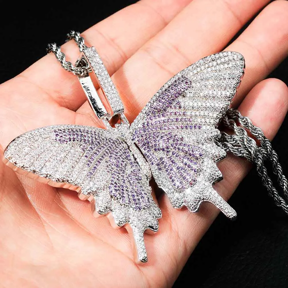 Bling Butterfly CZ Iced Out Pendant Party Jewelry for Men Women Necklace Rapper Chain 5A Cubic Zircon Gold Plated Copper Pendant