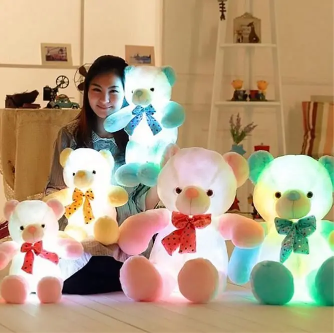 2018 Hot Customized Lovely Colorful Stuffed Teddy Bear Doll Led Light Up Bear Plush Toy With Love Heart Kids Gift