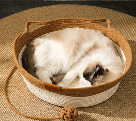 Small Cats Sofa Bed with Double Sided Mat Round Sleeping House Bed for Indoor Cat Cotton Linen Woven Cat Bed Basket