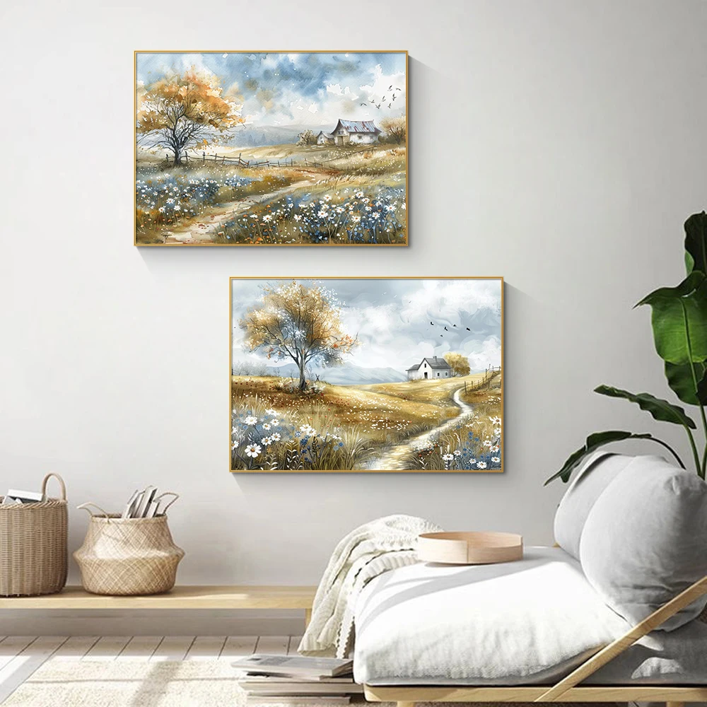 High quality vintage landscape Country cottage poster Country farmhouse painting Wall Deco Art frame canvas wall art