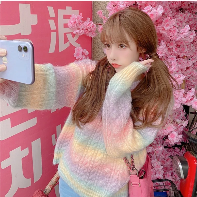 Female Long Tie dye Cardigan Women Sweet Kawaii Sweater Coat Faux Fur Rabbit Rainbow Knitted Cardigan