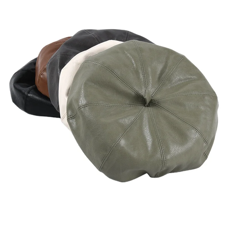 Simple PU Leather Beret Ladies Solid Color Adjustable Painter Hat Autumn Outdoor Travel Cap Male British Style Hats