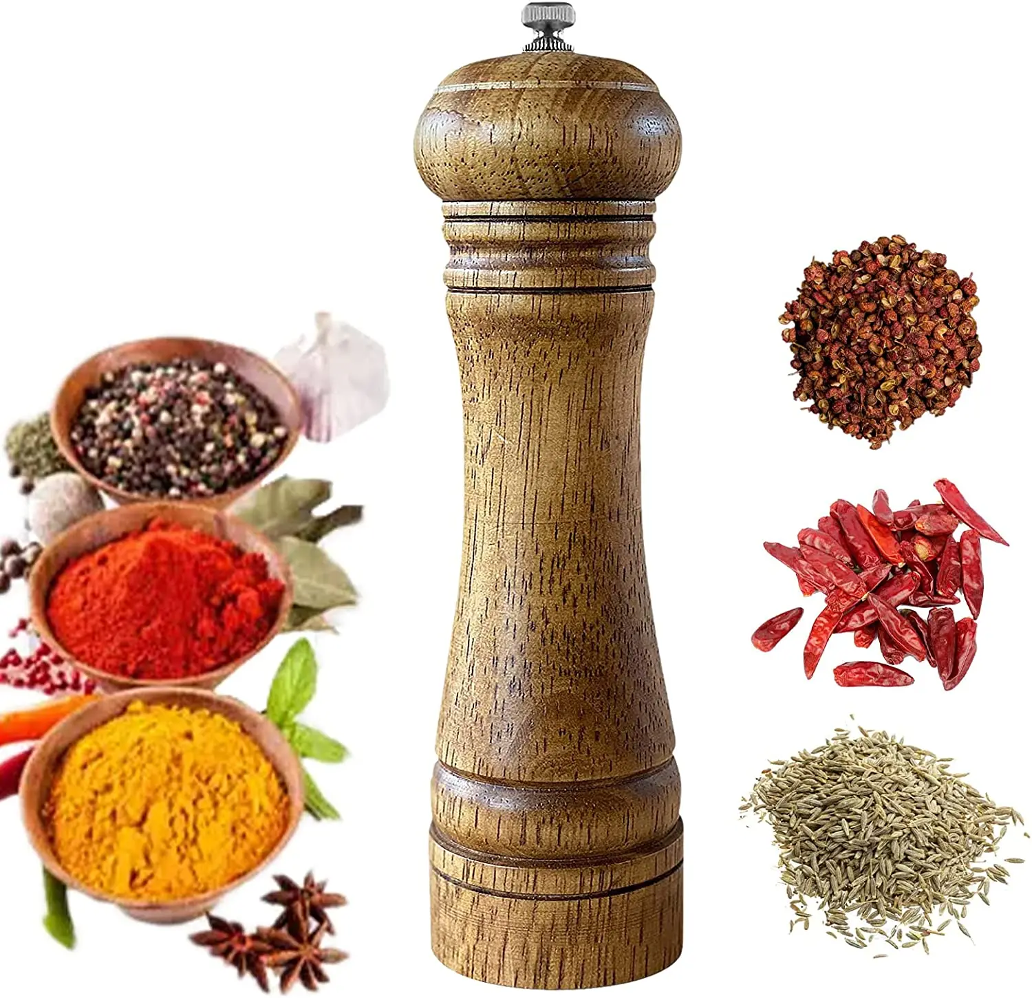 Top selling EU & US fba products Wood Salt and Pepper Grinder Set 8 inch tall Salt Shakers with Adjustable Ceramic Rotor