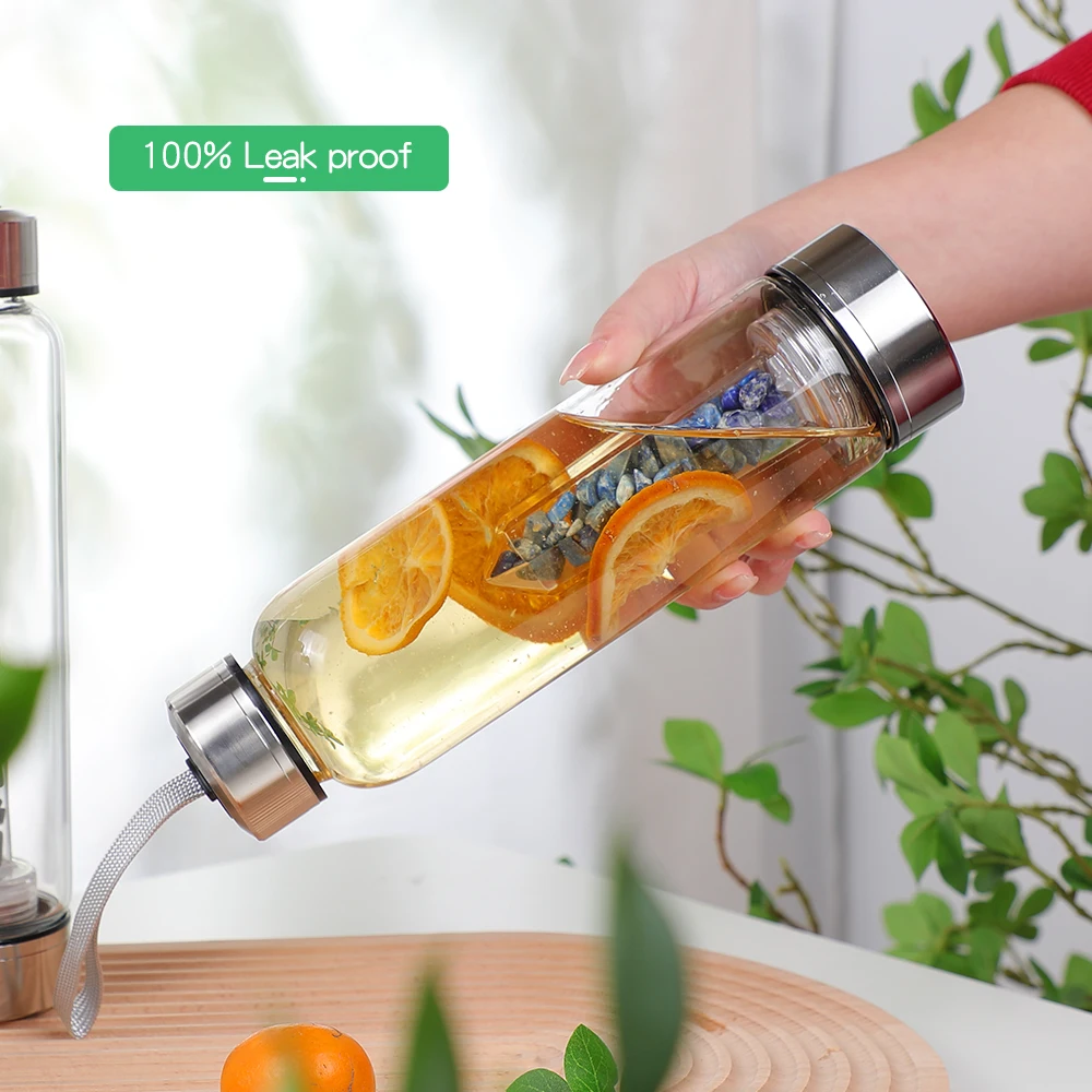 Wholesale Gemstone Custom Durable Glass Stainless Steel Bamboo Crystal Energy Water Bottle With Quartz