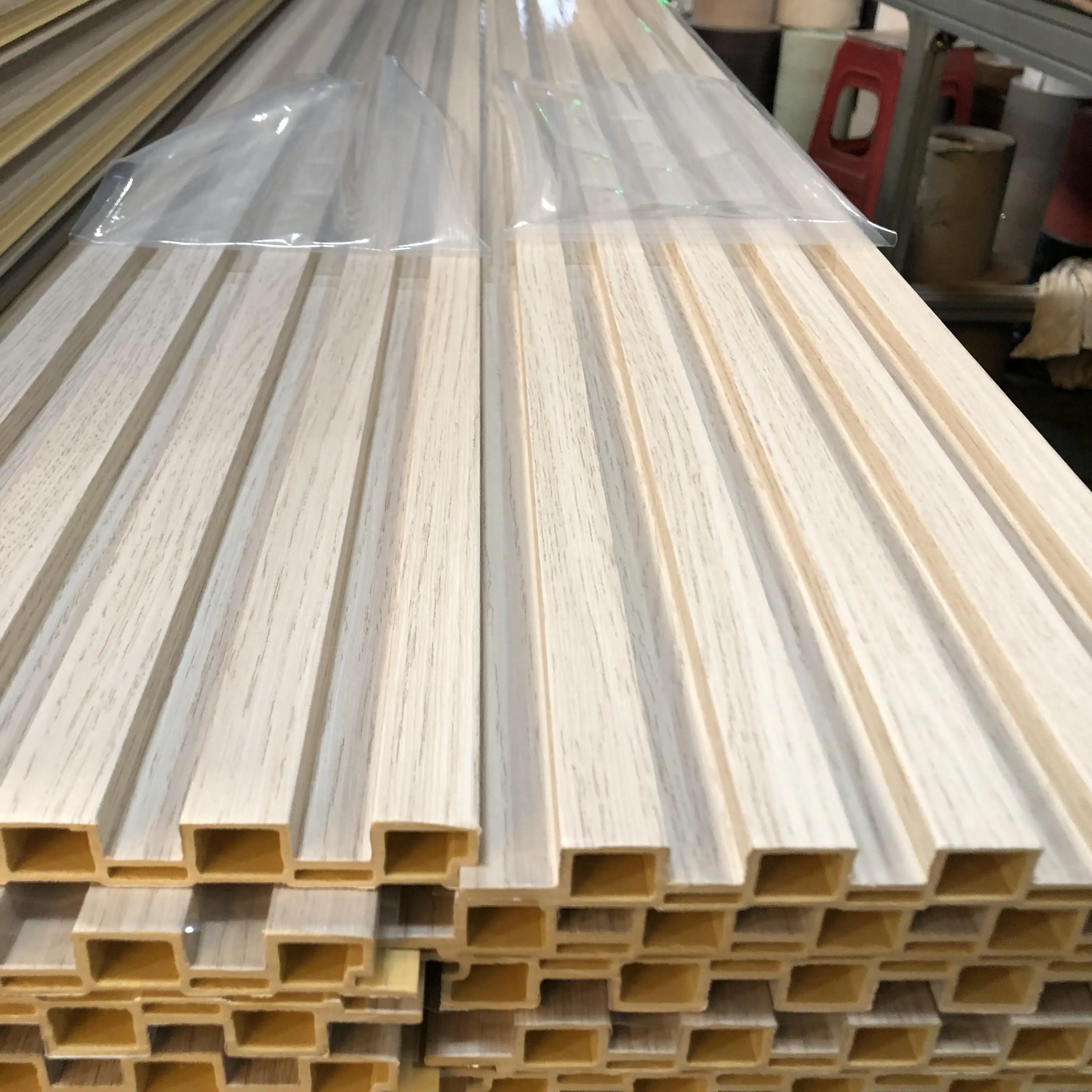 Natural wood grain light yellow brown style interior decoration wall claading pvc film 3d fluted wall panel