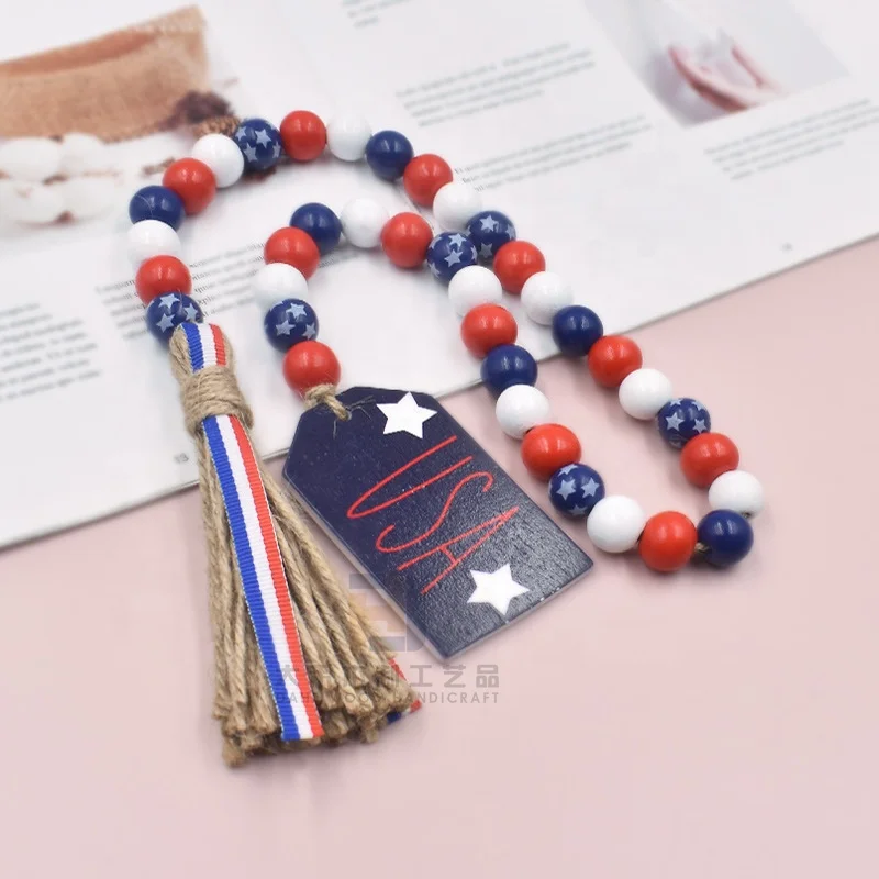 Wholesales 4th of July Red White Blue Patriotic Wood Bead Garland with Tassels USA Tag for Independence Day Decoration Memorial