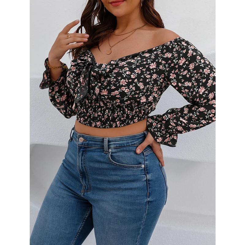 Hot Sell Wholesale New Design Ladies Clothing Floral V Neck Crop Top Casual Plus Size Off Shoulder Tops Long Sleeve