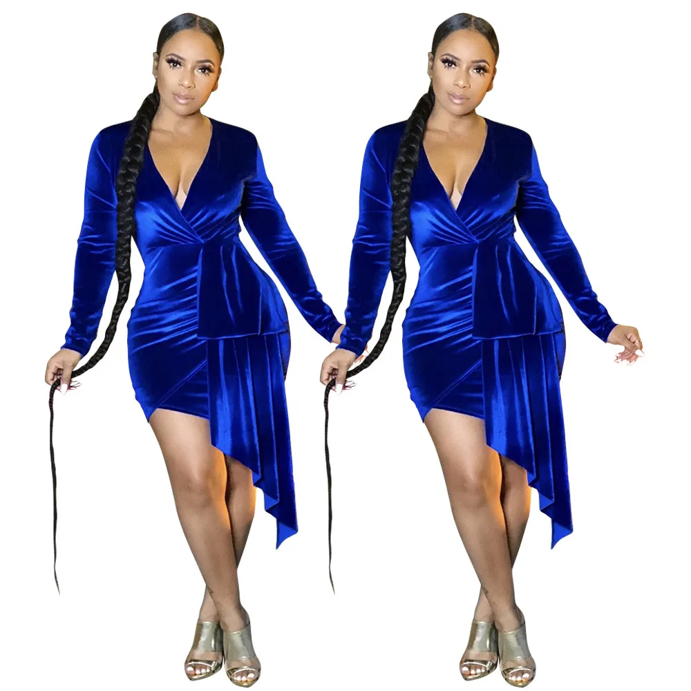 
2021 Women Clothing V Neck Long Sleeve Velvet Bodycon Wrap Velour Cocktail Pencil Dress 