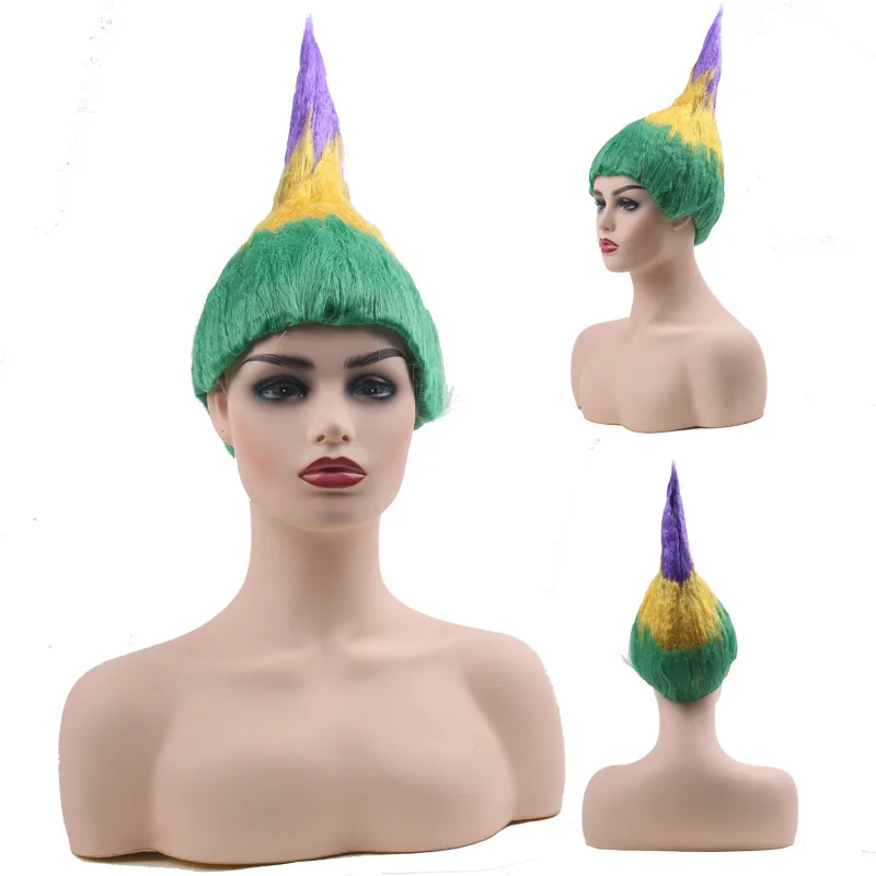 Women Girl Mardi Gras Party Costume Wig Purple Green and Yellow Colored Wavy Curly Cosplay Wig