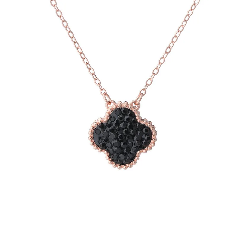 
2021 fashion jewelry 925 silver black and red zircon four leaf clovers front back necklace 