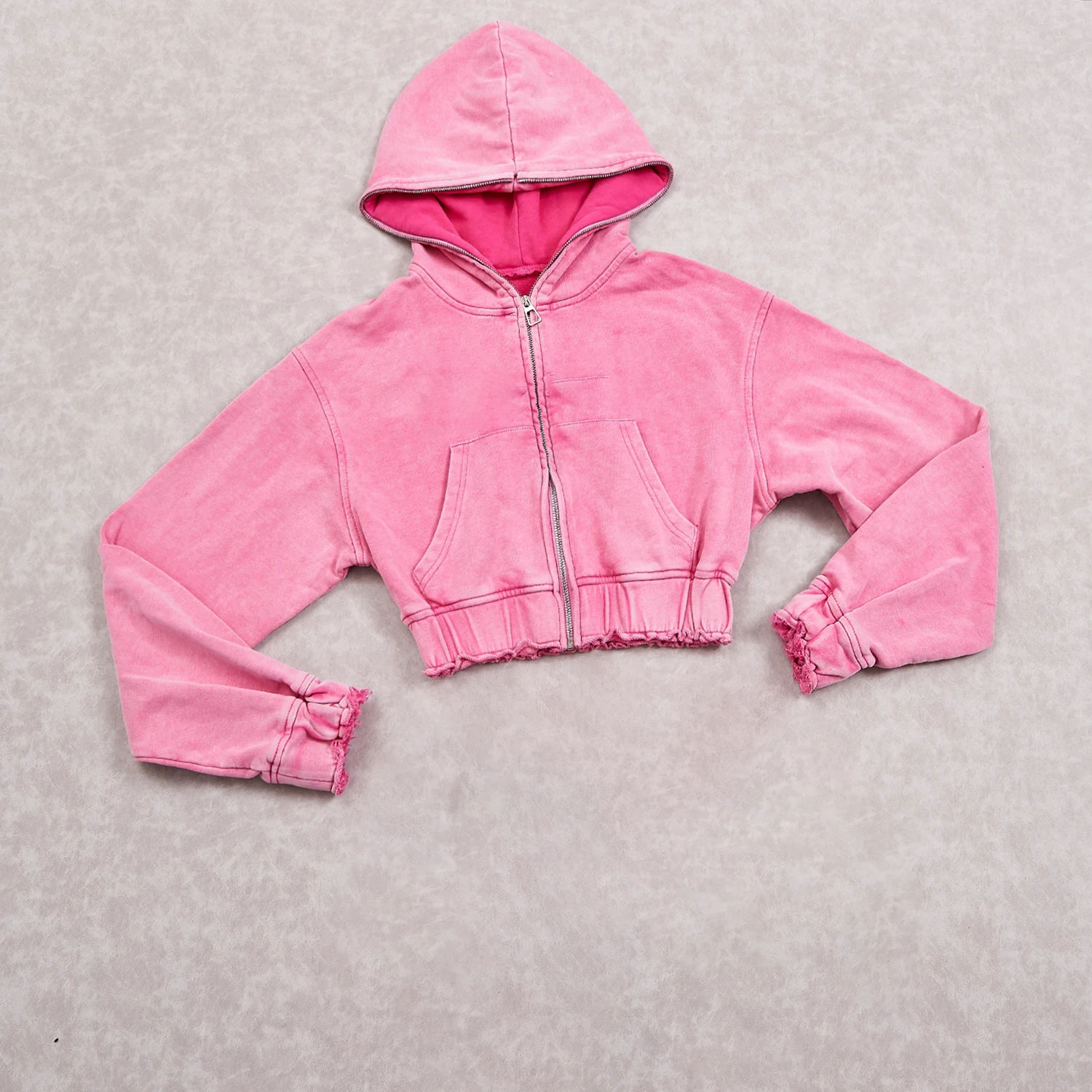 Womens 2 Piece Pants Set Cropped Jackets Heavyweight Cotton Full Zip Up Hoodies Acid Wash Tops Customized Logo Female