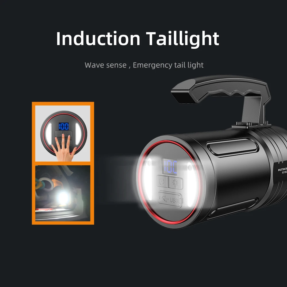Bright Rechargeable LED L1-S Searchlight high power battery display black searchlight with Induction Taillight