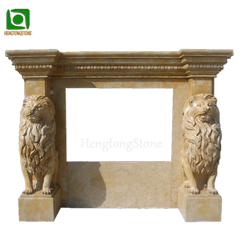 Home Decoration Antique Color Lion Statue Carved Beige Marble Fireplace Surround